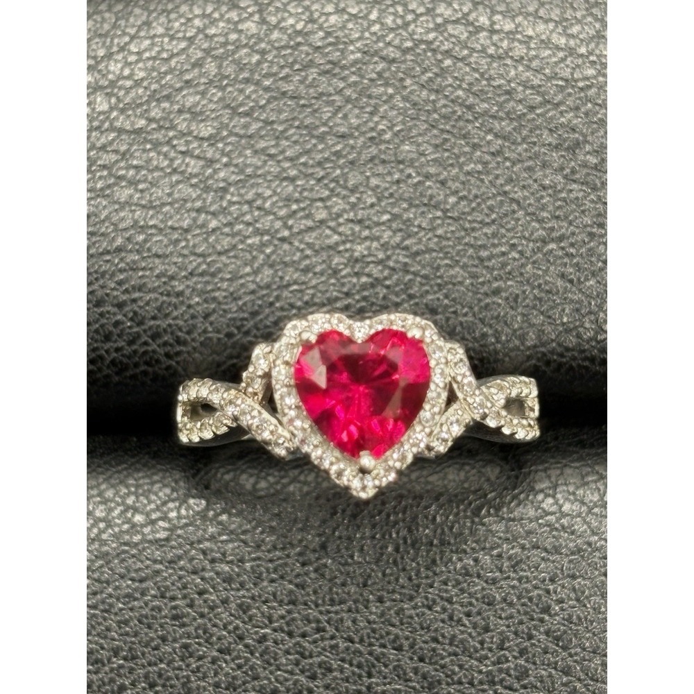 STS EUC Sterling Silver Lab Ruby Ring Heart Size 6.5 D21